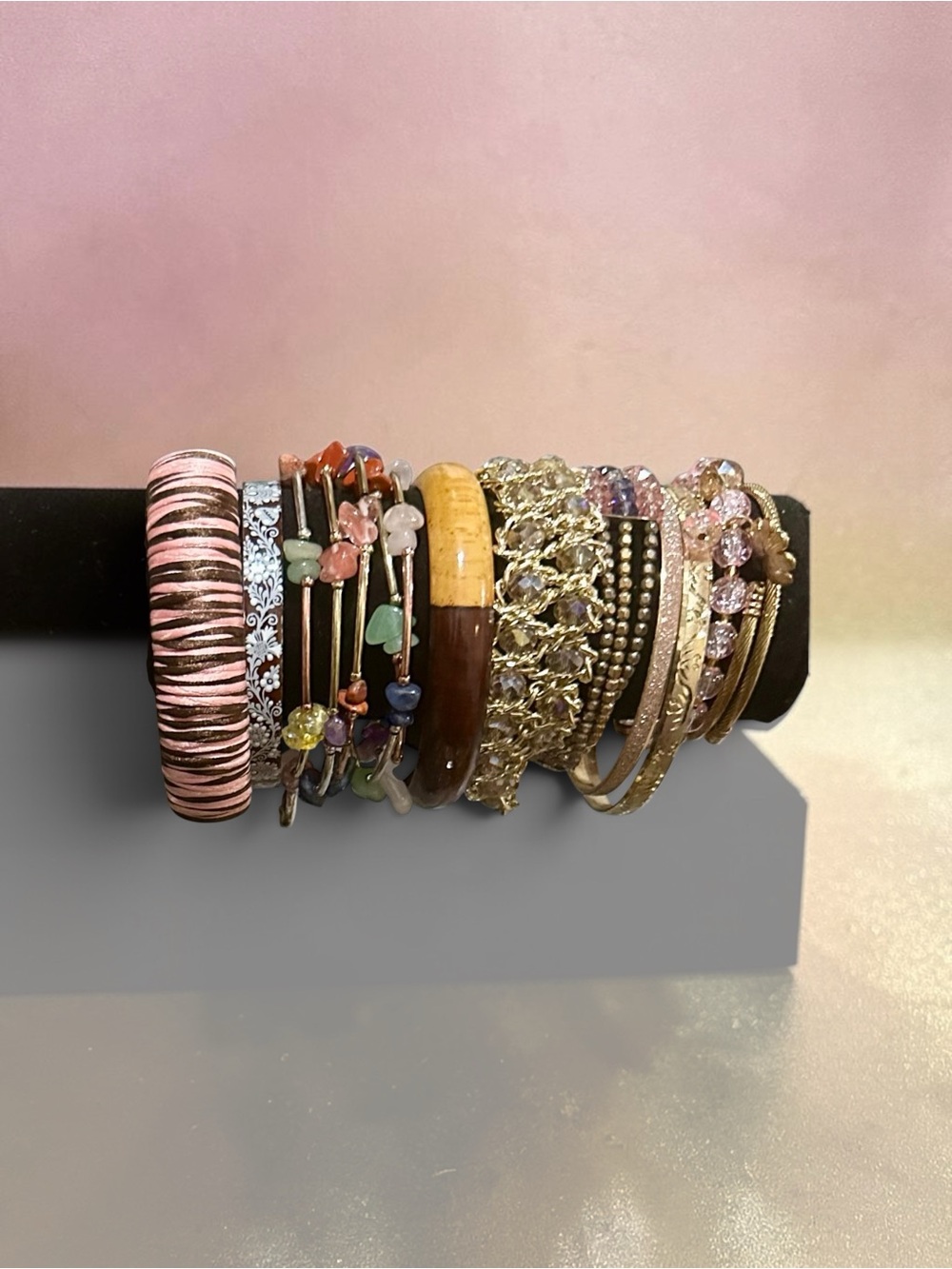 Curated Boho Bracelet Stack Set Pink Wood Gold Crystal Beaded Layering Set
